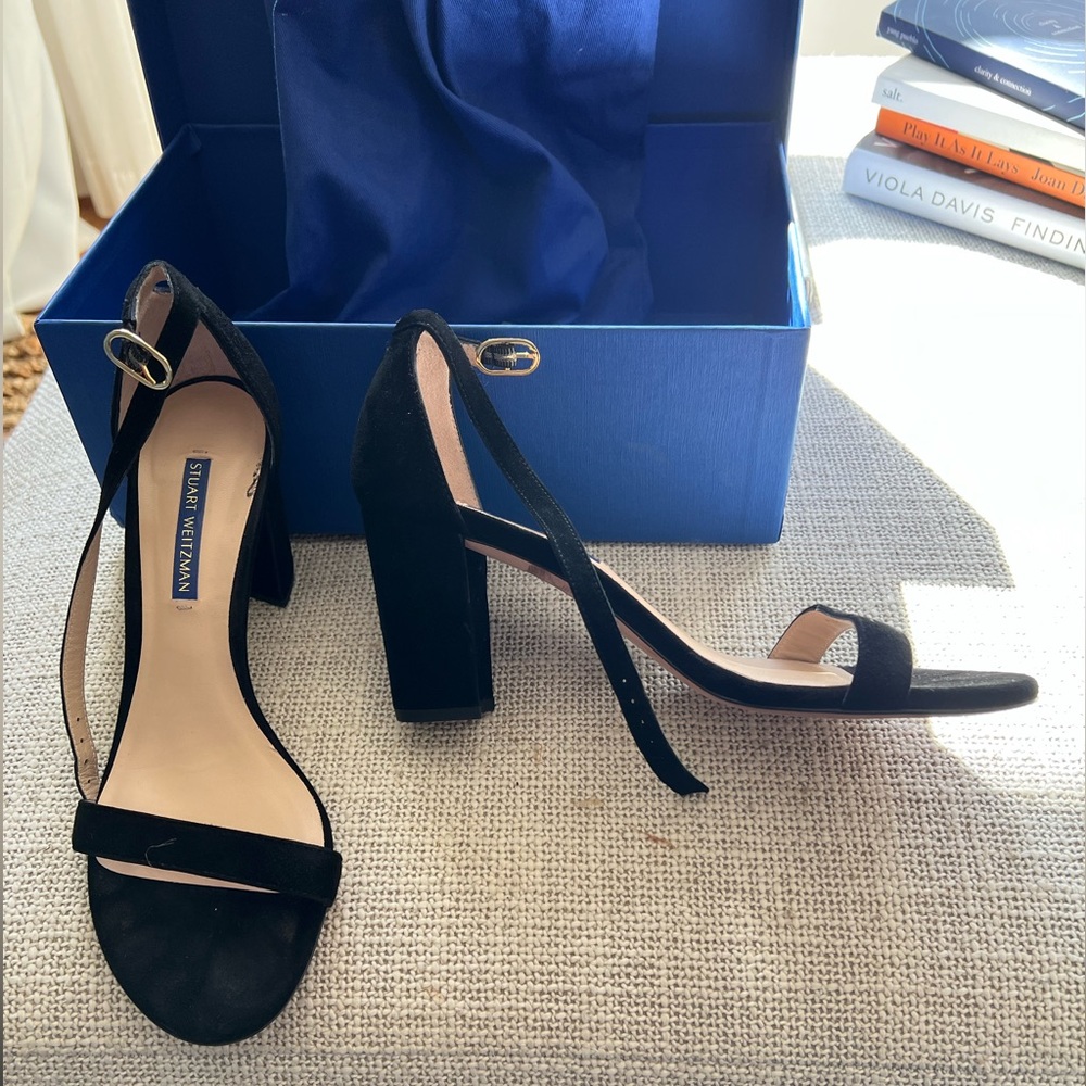 Black Stuart Weitzman strappy suede heels